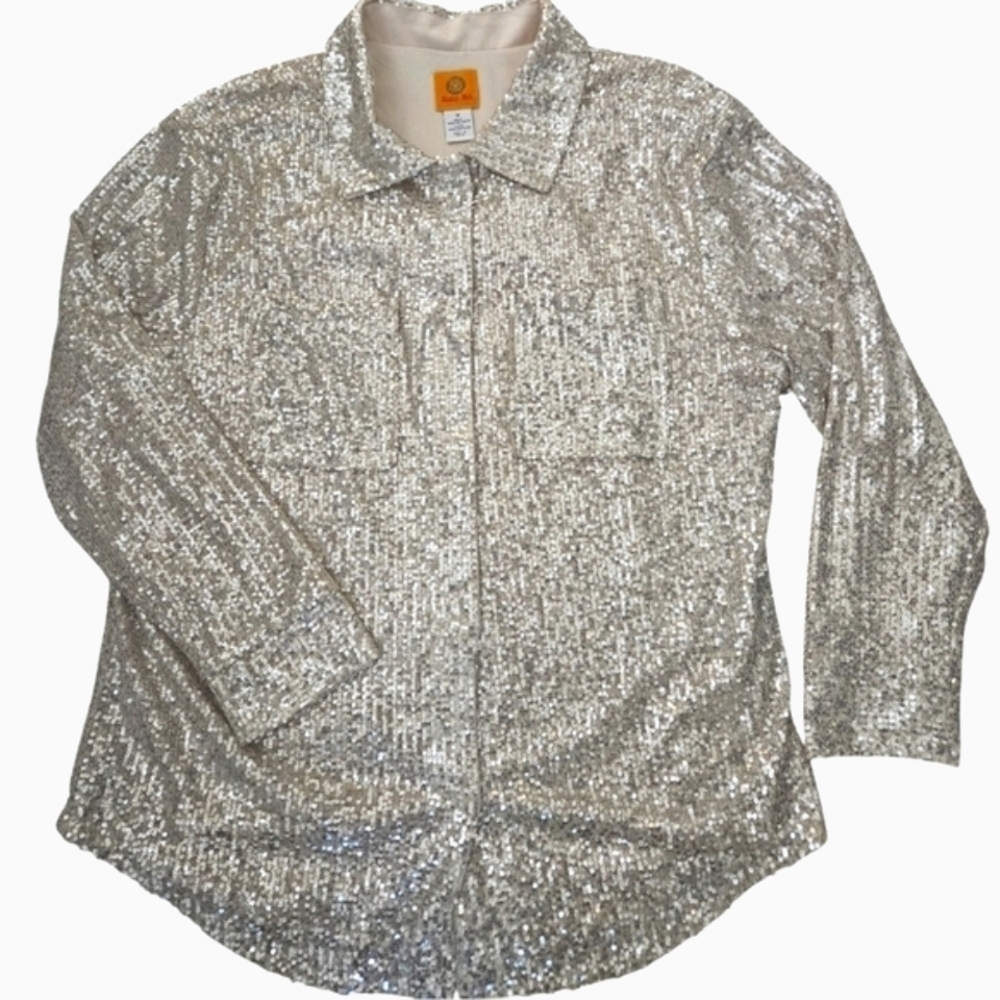 RUBY RD SEQUIN SHIRT JACKET SZ M WHITE GOLD - Picture 5 of 11